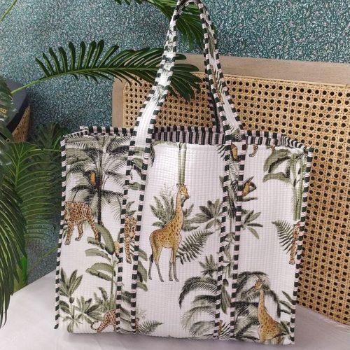 Floral Printed Structured Cotton Quilted Tote Bag