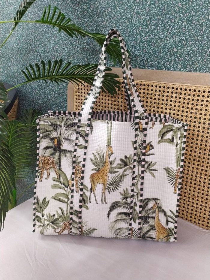 Floral Printed Structured Cotton Quilted Tote Bag